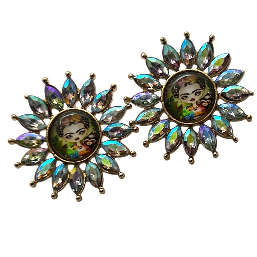 Frida Kahlo Iridescent Crystal Starburst Post Earrings, Artsy Boho Accessories - Picture 6 of 8